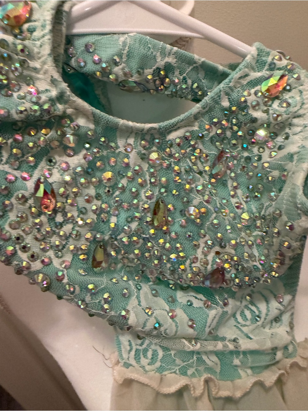 Girls Mint Green Jeweled Lace Costume Dress - Glamour